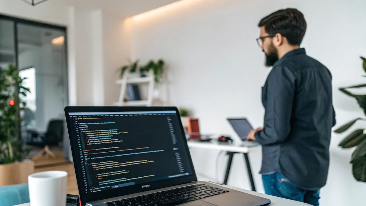 A person standing in front of a laptop, symbolizing the importance of technical comfort for a website