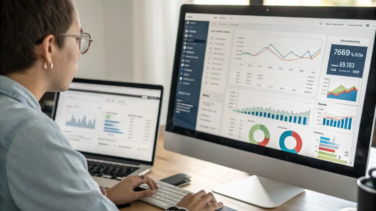 A person analyzing website costs and ROI metrics on a computer screen