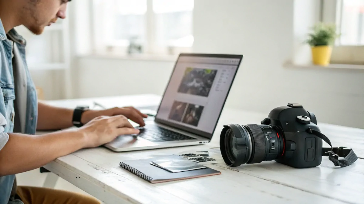 A person working on a laptop updating a website content, symbolizing website maintenance commitment