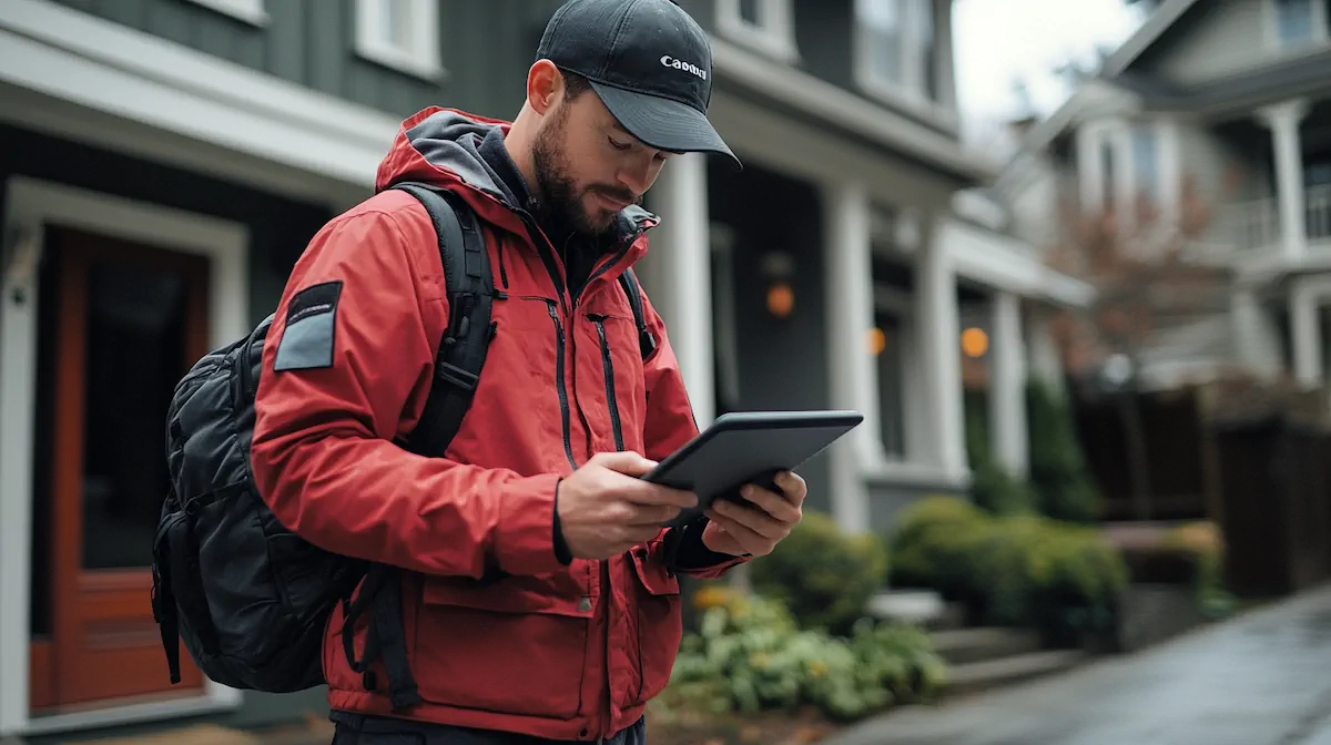 Local delivery driver using a tablet for route optimization while delivering packages